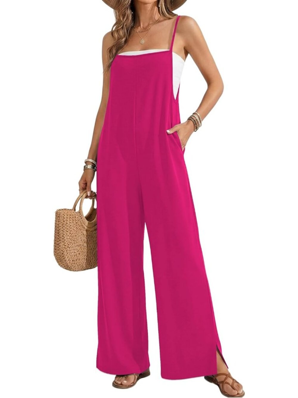 Women Jumpsuits Rose Red Casual Summer Wide Leg Sleeveless Rompers With Pockets